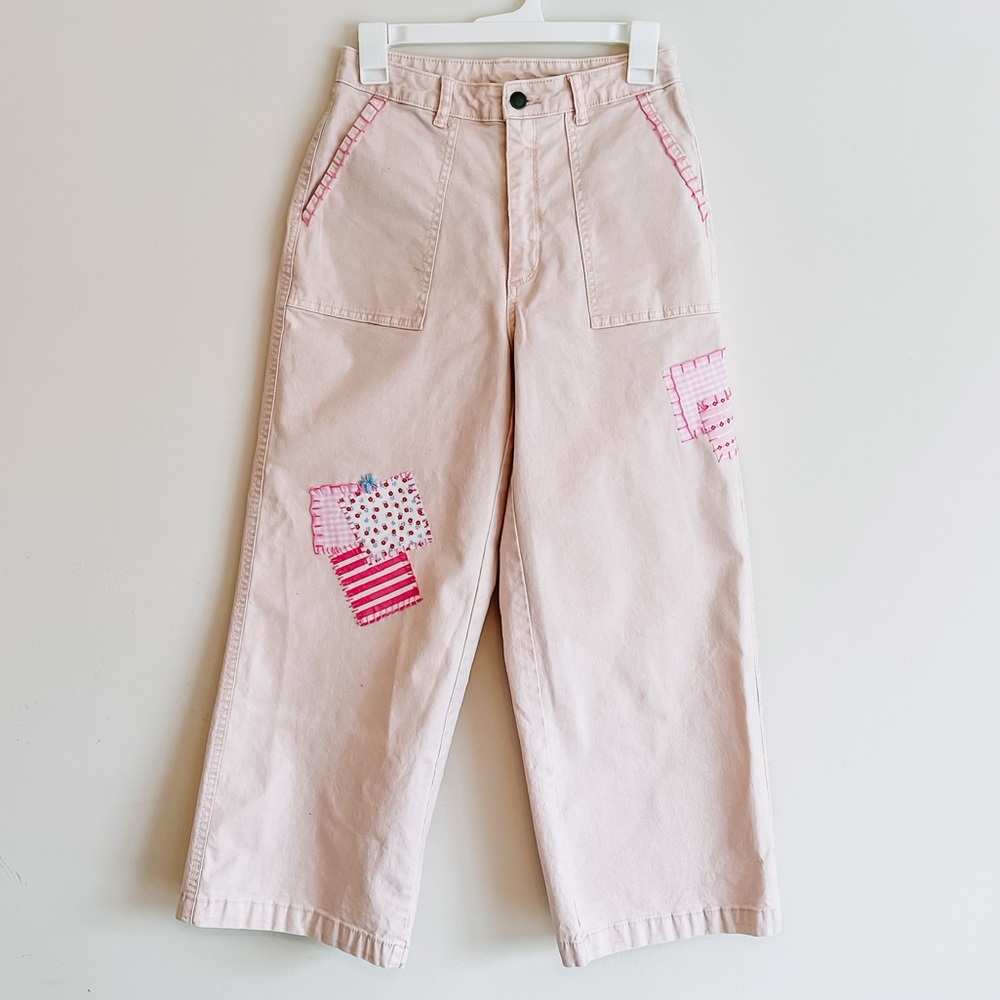 Quilted Patchwork - Hand Embroidered - Pink Size 4 Denim Pants - Relaxed Fit